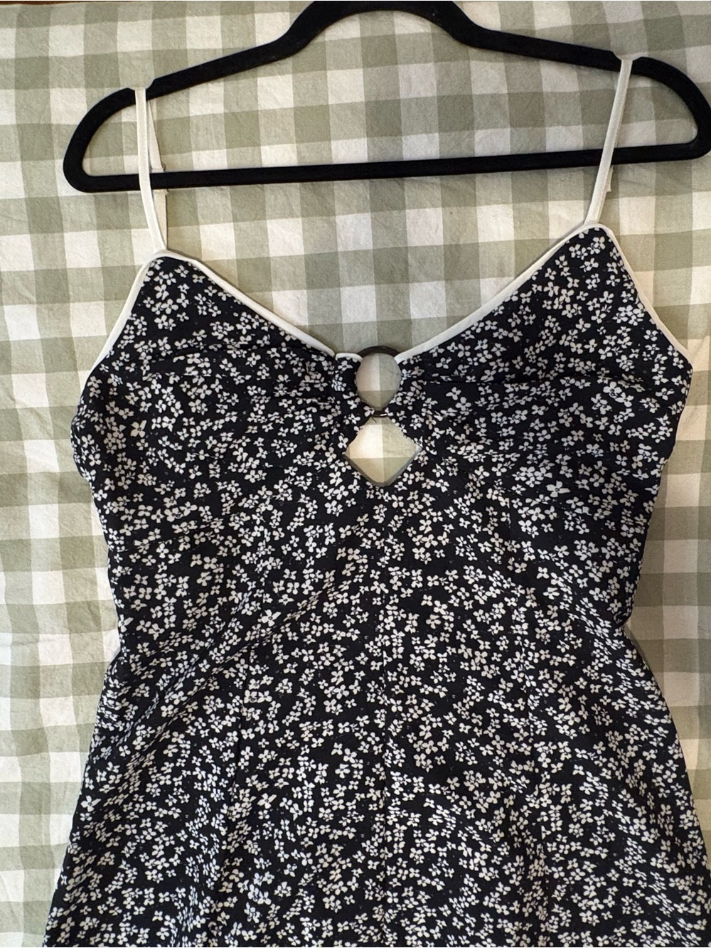 Black Floral Spaghetti Strap Dress with White Trim